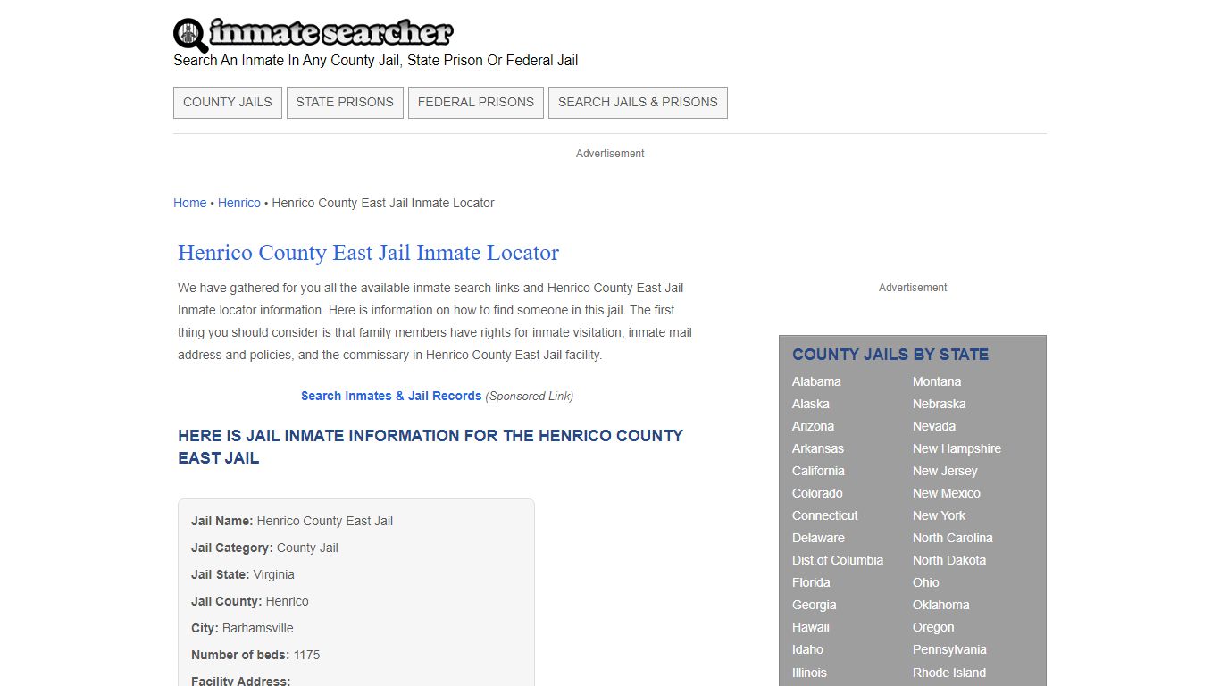 Henrico County East Jail Inmate Locator - Inmate Searcher