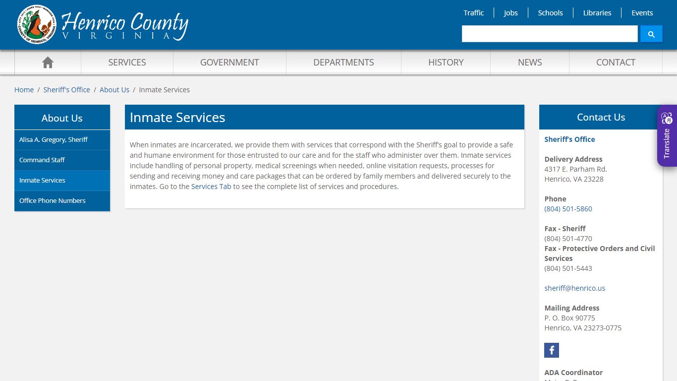 Inmate Services - Henrico County, Virginia