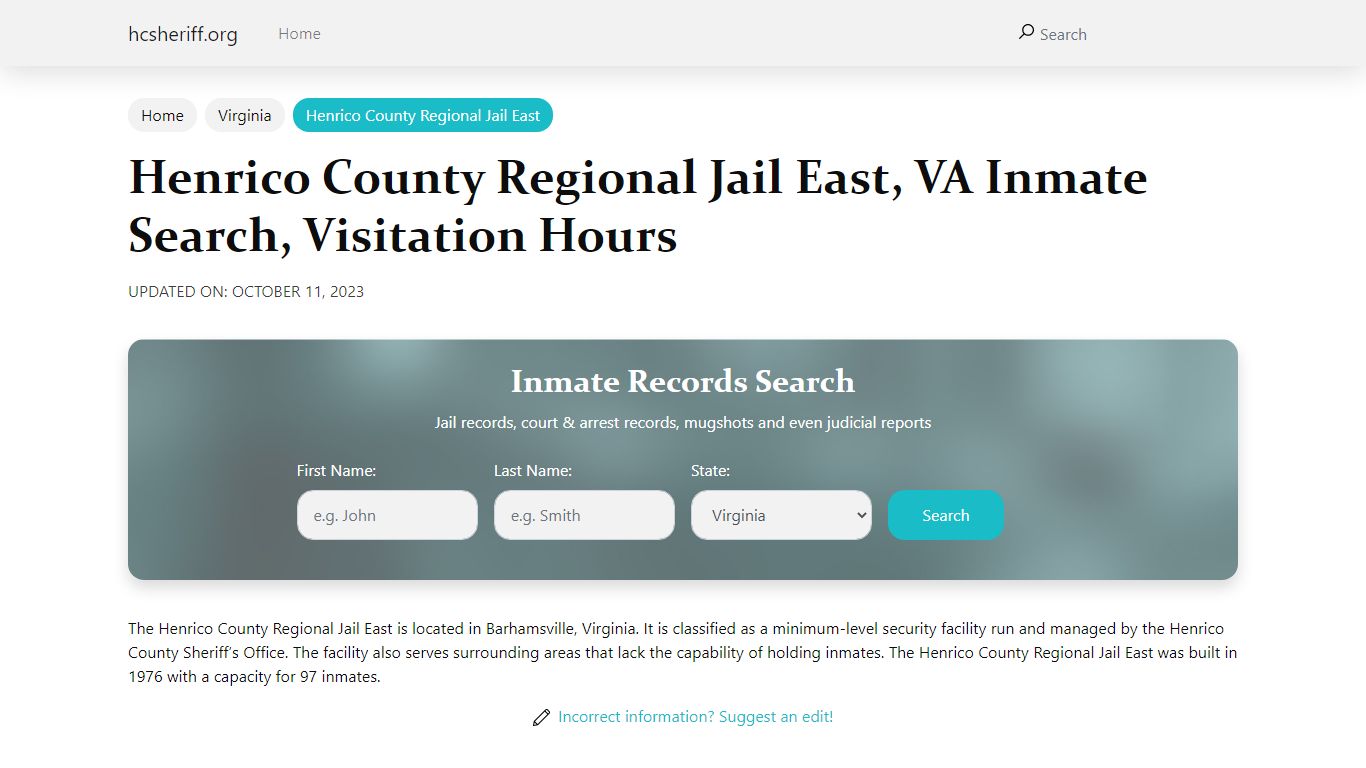 Henrico County Regional Jail East, VA Inmate Search, Visitation Hours